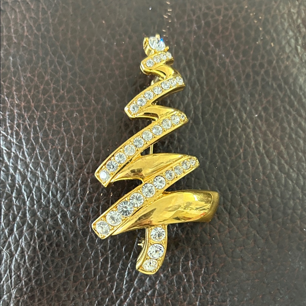 Monet Gold and Crystal Ribbon Brooch 3”